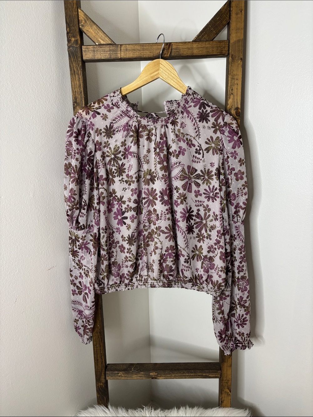 Free People Lavender and Brown Floral Smocked-Neck Blouse Size M